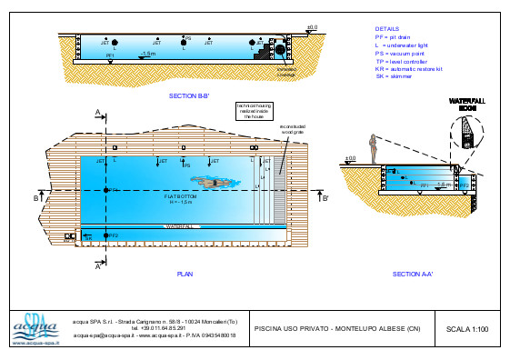 piscina interrata isoblok, forma classica, cascata infinity, scala tropezienne, deck, piscina realizzata a Montelupo, progetto Acqua SPA
